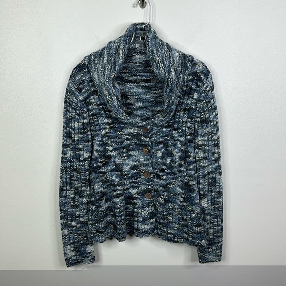 Prana Women's Size Medium Bllue Gray White Button Up Chunky Cozy Knit Sweater - Picture 1 of 8